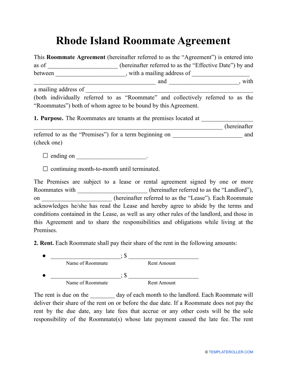 Roommate Agreement Template - Rhode Island, Page 1