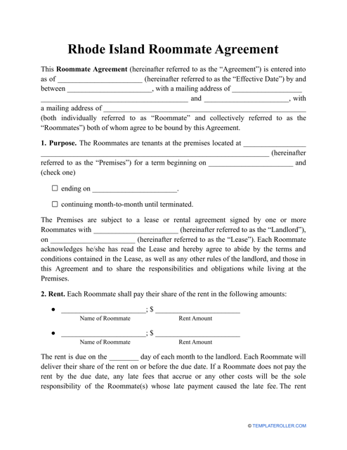 Roommate Agreement Template - Rhode Island Download Pdf