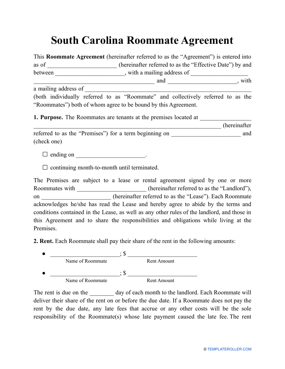 Roommate Agreement Template - South Carolina, Page 1