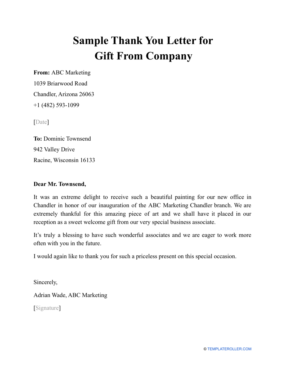 Sample Thank You Letter for Gift From Company - Appreciation Bobtle Leaf Design
