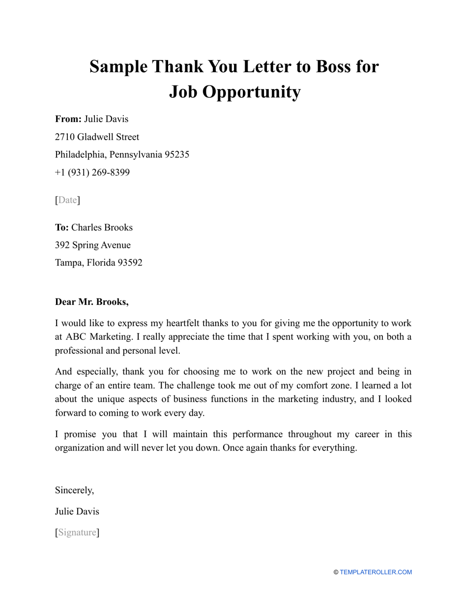 Sample Thank You Letter To Boss For Job Opportunity Download Printable Pdf  | Templateroller