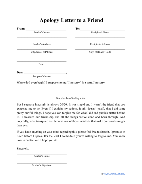 "Apology Letter to a Friend Template" Download Pdf