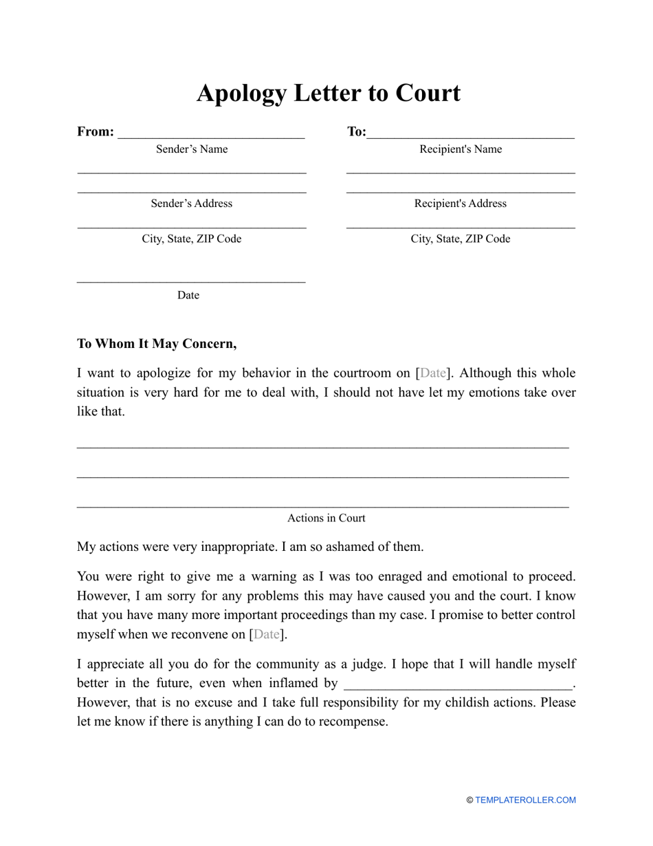 Apology Letter to Court Template Download Printable PDF Templateroller