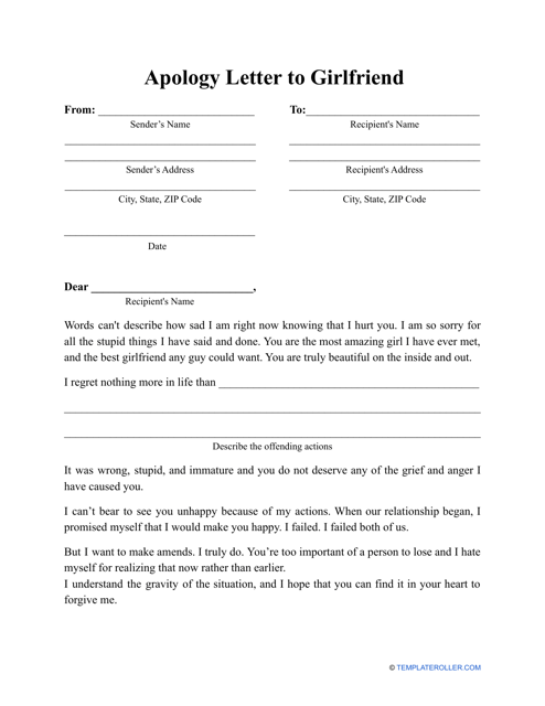 &quot;Apology Letter to Girlfriend Template&quot; Download Pdf
