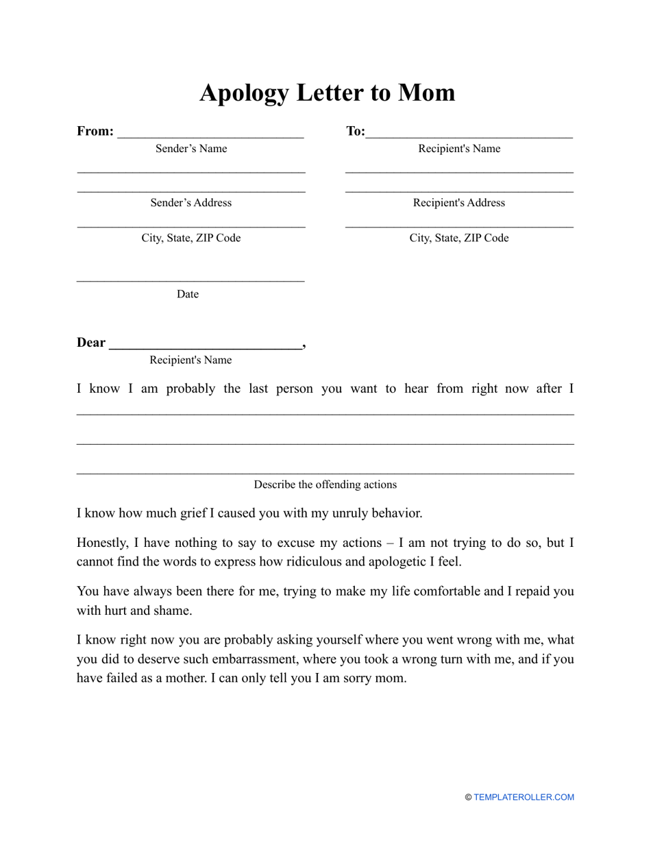 Apology Letter to Mom Template Download Printable PDF | Templateroller