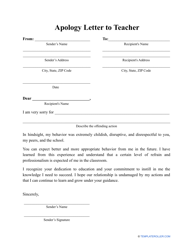 Document preview: Apology Letter to Teacher Template
