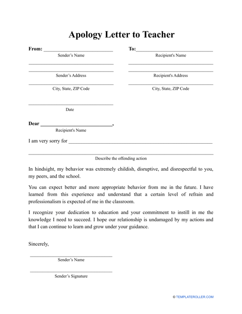 "Apology Letter to Teacher Template" Download Pdf