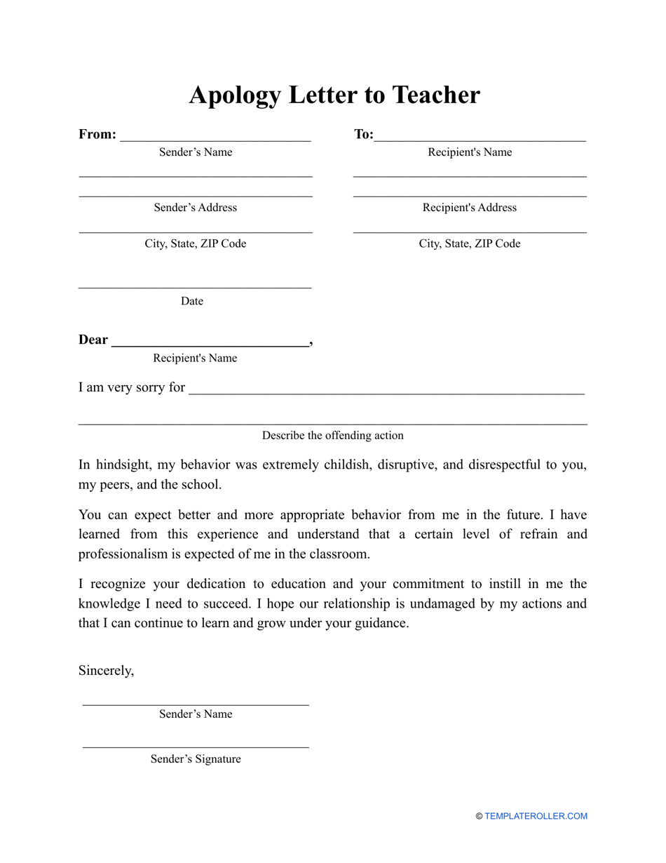 Apology Letter to Teacher Template Preview