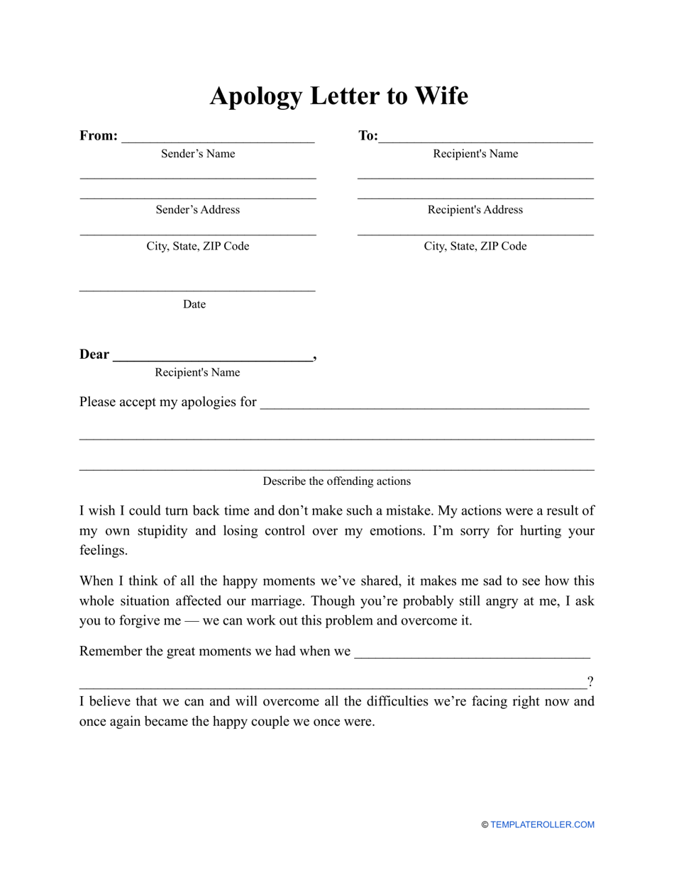 Apology Letter to Wife Template Example - Free Sample