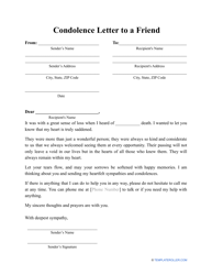 Document preview: Condolence Letter to a Friend Template