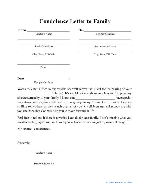 Condolence Letter to Family Template