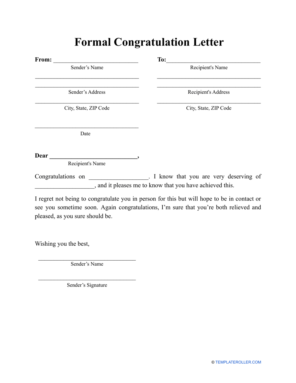 Formal Congratulation Letter Template Download Printable PDF
