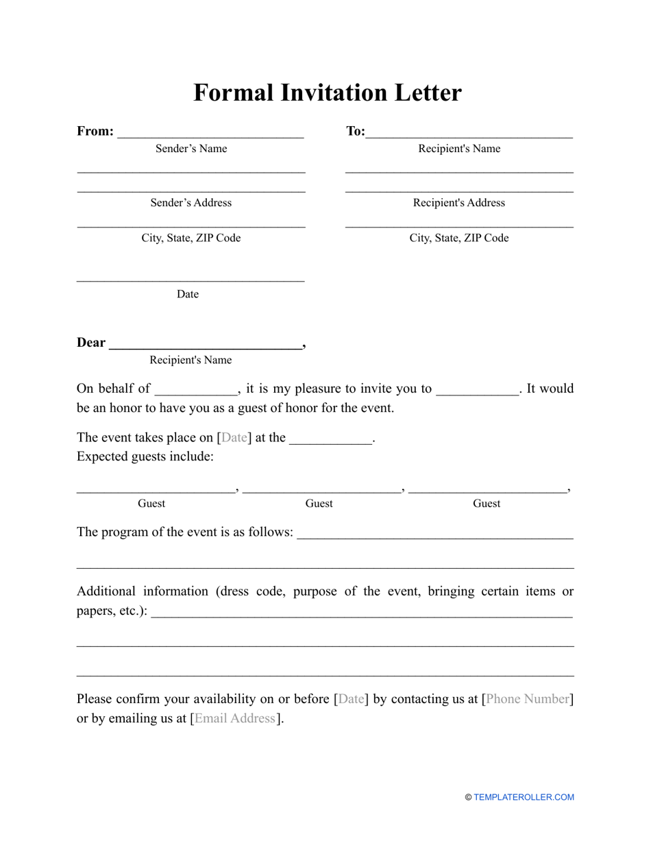 Formal Invitation Letter Template Download Printable PDF | Templateroller