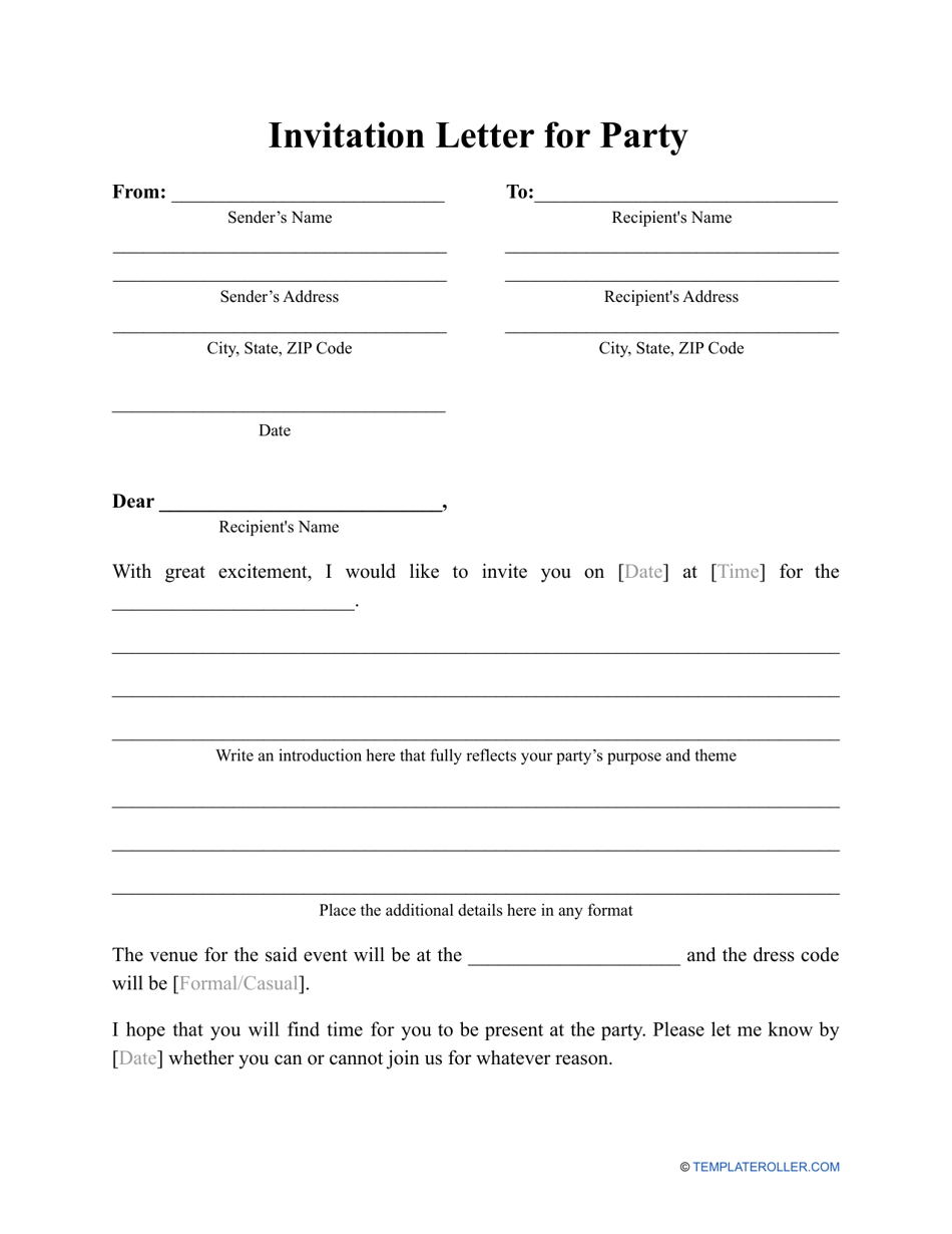 Invitation Letter For Party Template Download Printable PDF 