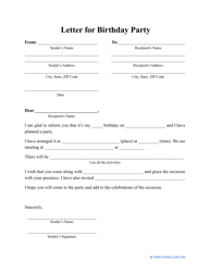&quot;Letter for Birthday Party Template&quot;