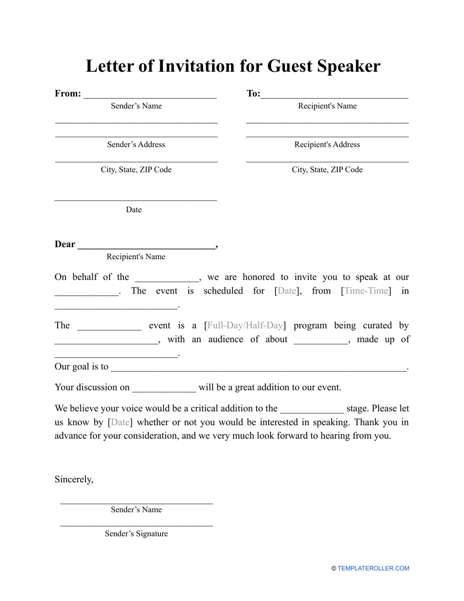 Letter of Invitation for Guest Speaker Template - Document Preview