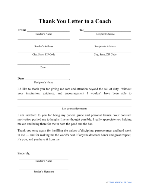 &quot;Thank You Letter to a Coach Template&quot; Download Pdf