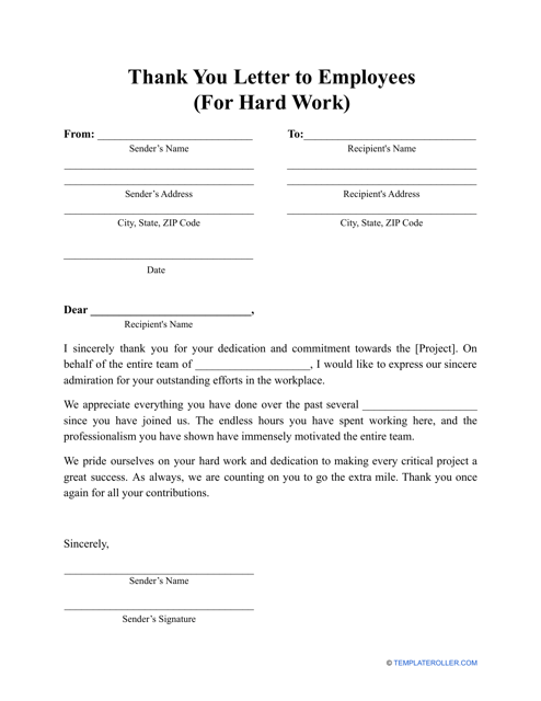 Thank You Letter to Employees (For Hard Work) Template