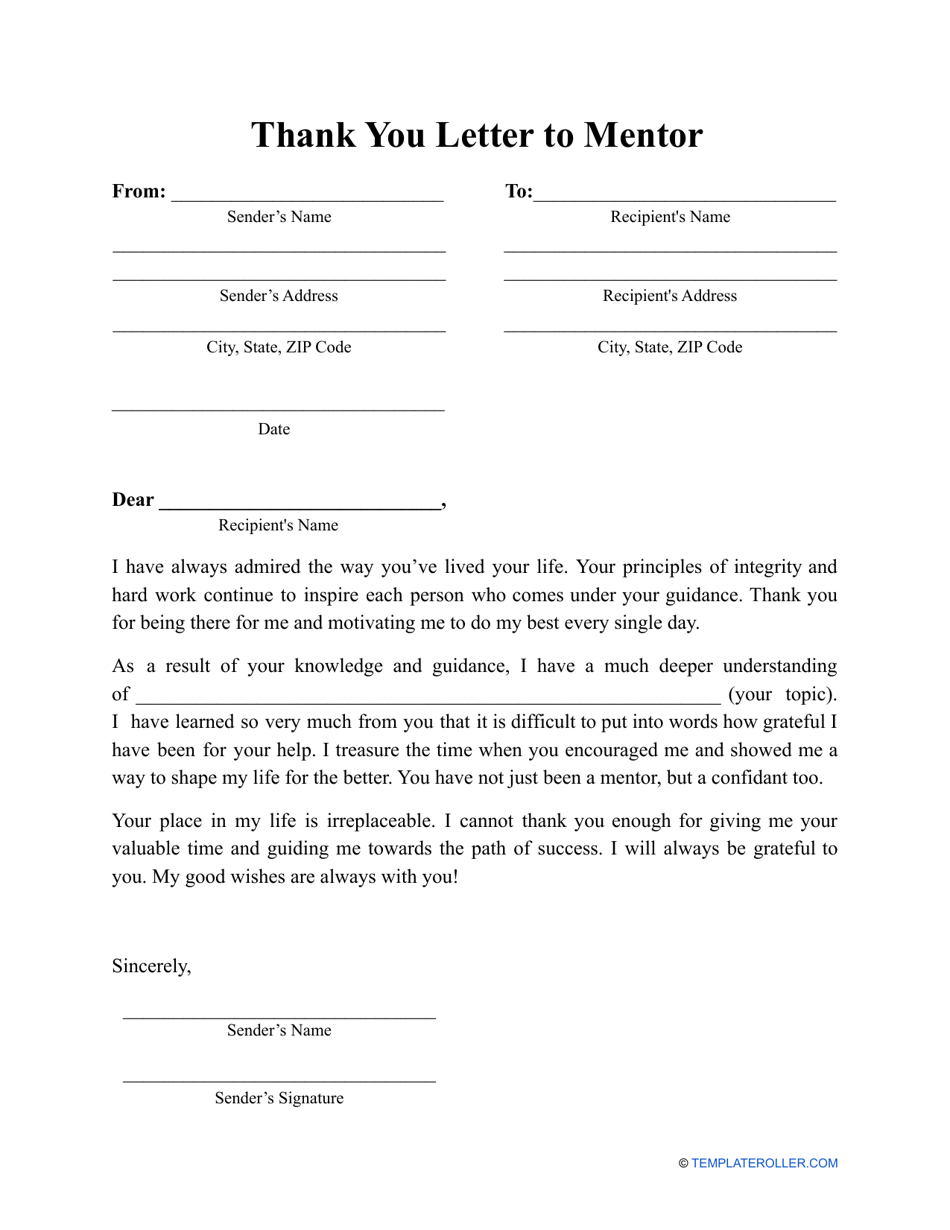 Thank You Letter to Mentor Template