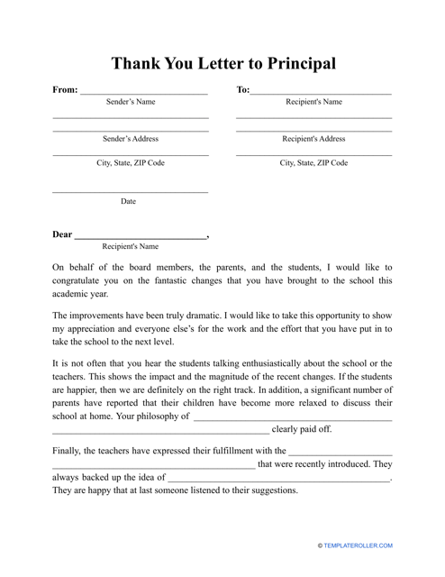 "Thank You Letter to Principal Template" Download Pdf