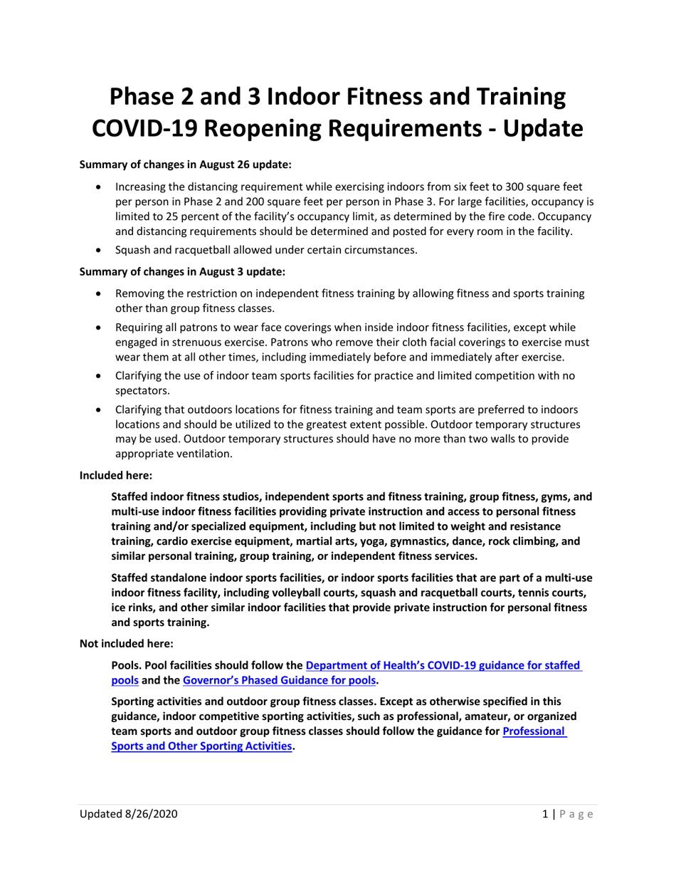 Phase 2 and 3 Indoor Fitness and Training Covid-19 Reopening Requirements - Update - Washington, Page 1