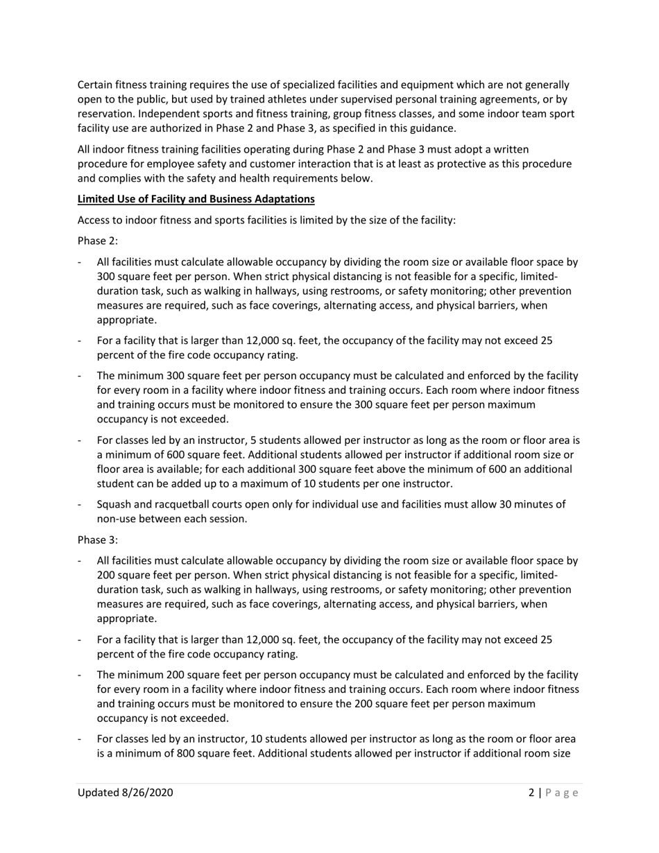 Phase 2 and 3 Indoor Fitness and Training Covid-19 Reopening Requirements - Update - Washington, Page 2