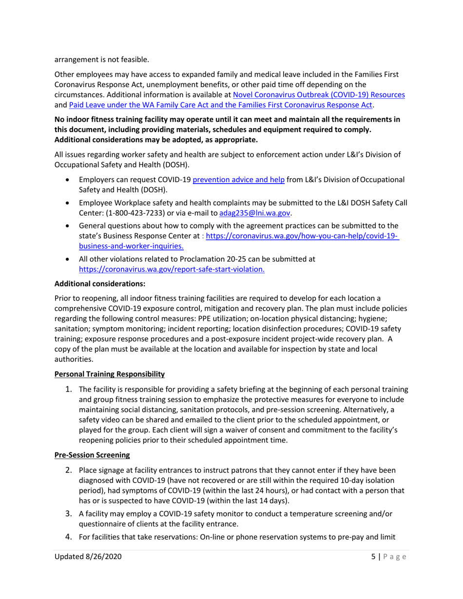 Phase 2 and 3 Indoor Fitness and Training Covid-19 Reopening Requirements - Update - Washington, Page 5
