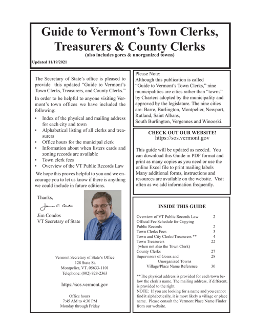 Guide to Vermont's Town Clerks, Treasurers & County Clerks - Vermont Download Pdf