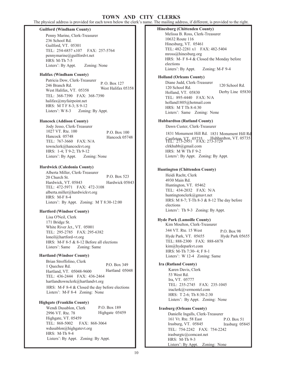 Guide to Vermonts Town Clerks, Treasurers  County Clerks - Vermont, Page 10