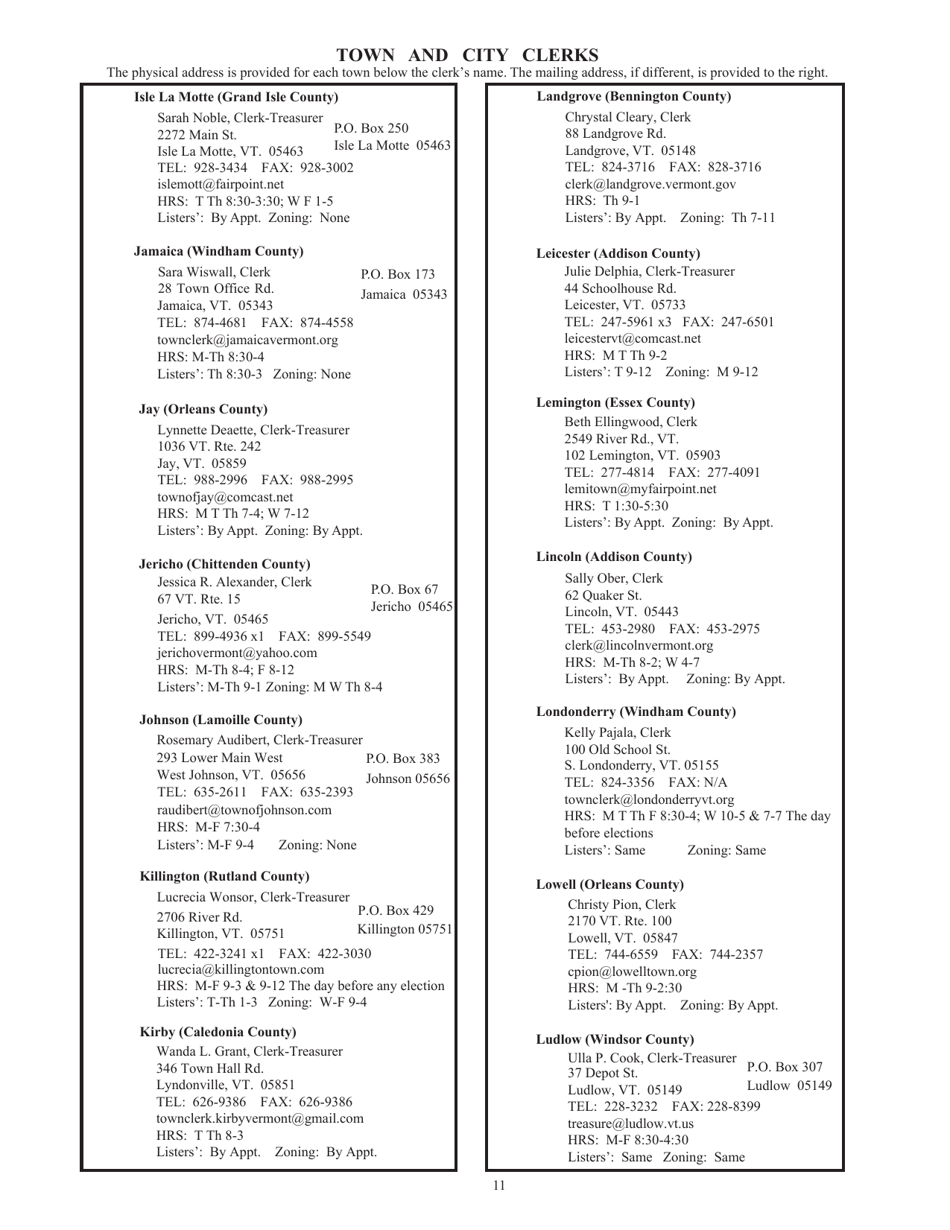 Guide to Vermonts Town Clerks, Treasurers  County Clerks - Vermont, Page 11