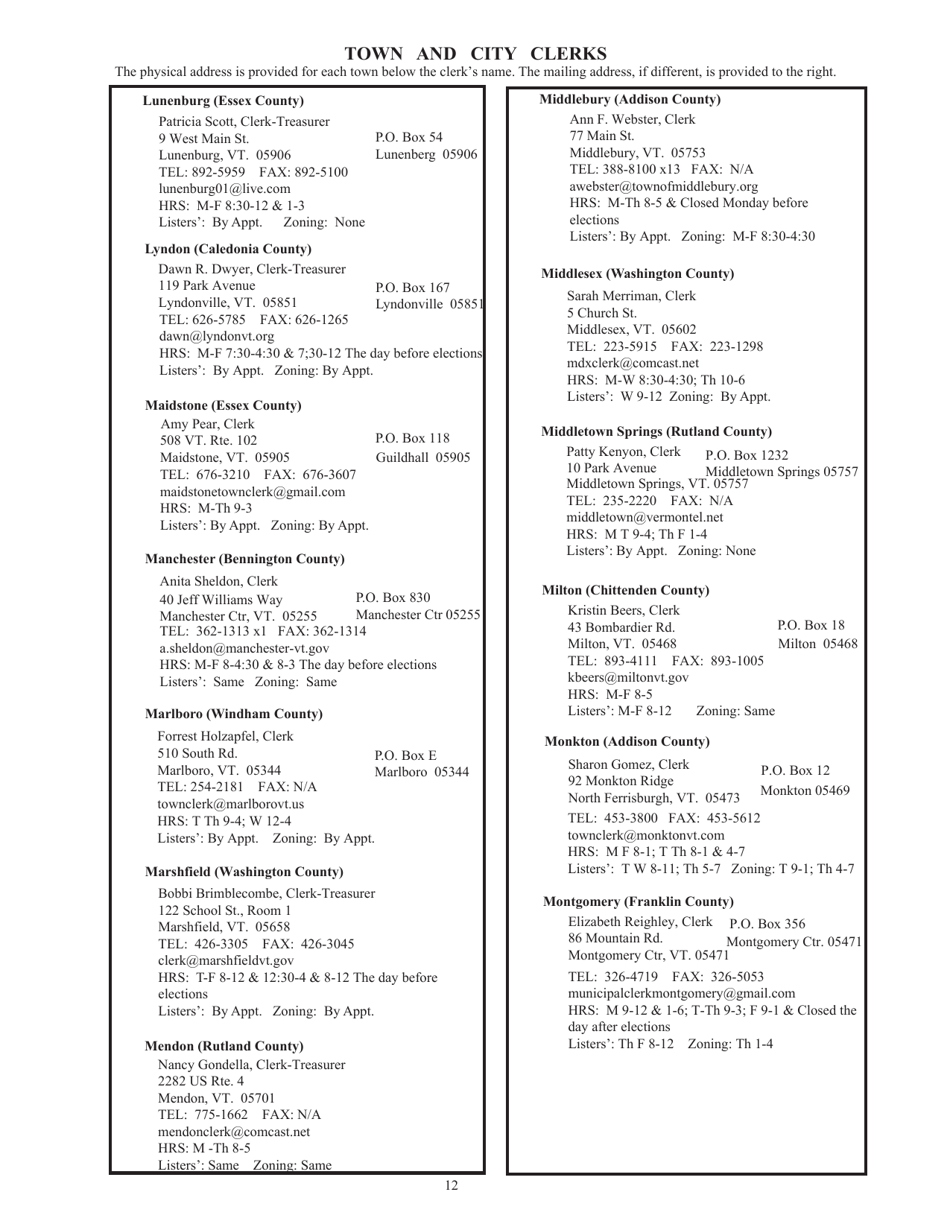Guide to Vermonts Town Clerks, Treasurers  County Clerks - Vermont, Page 12