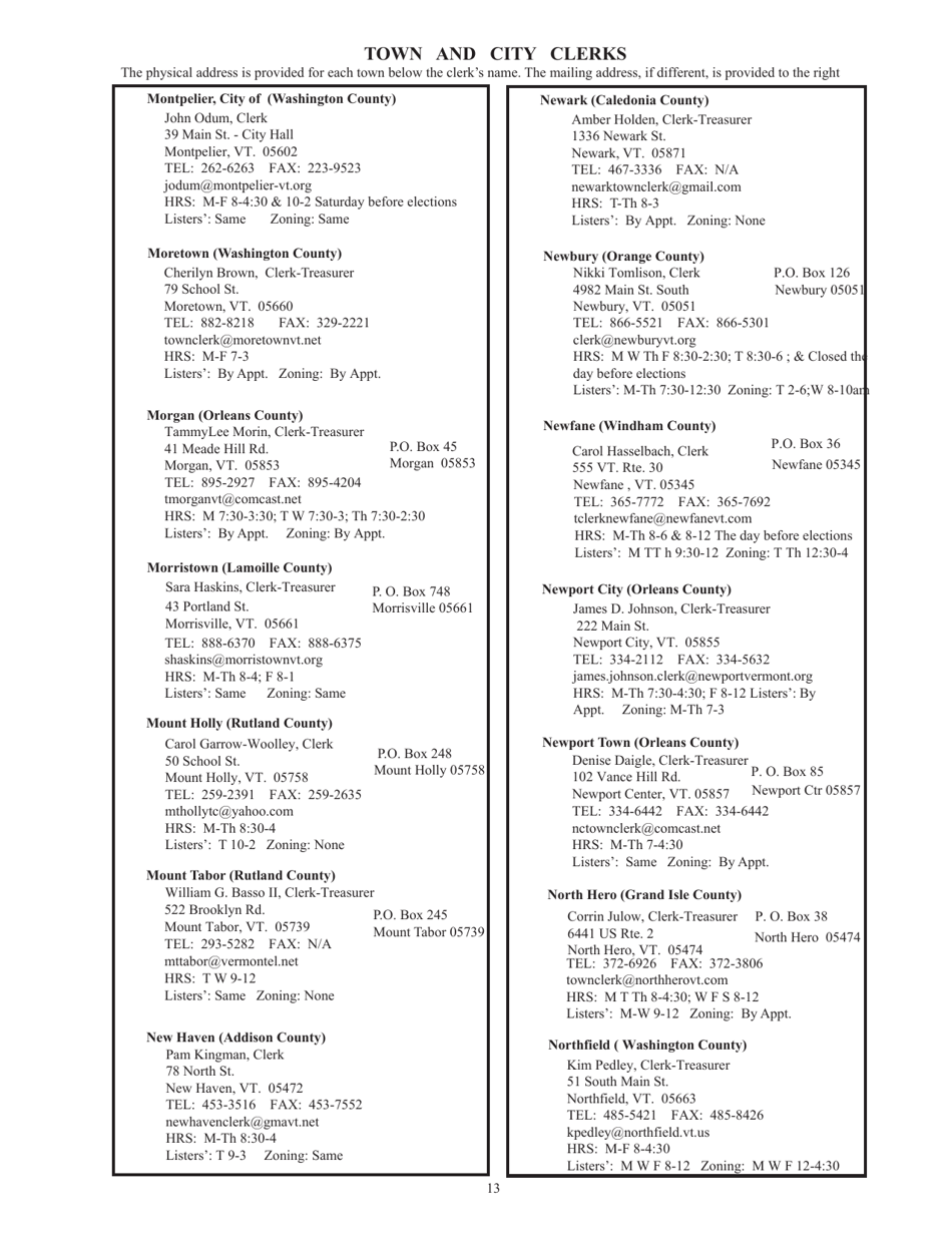 Guide to Vermonts Town Clerks, Treasurers  County Clerks - Vermont, Page 13
