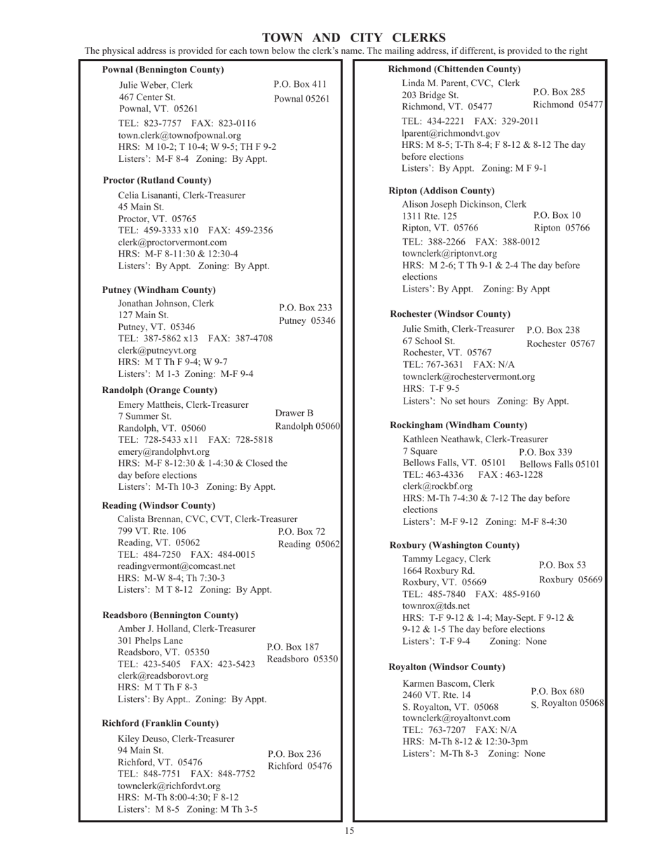 Guide to Vermonts Town Clerks, Treasurers  County Clerks - Vermont, Page 15