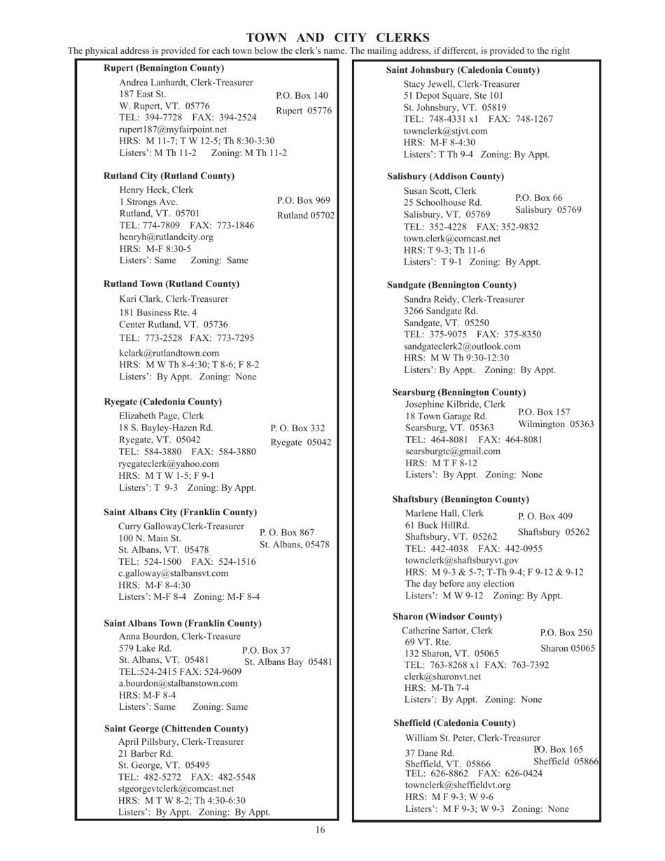 Guide to Vermonts Town Clerks, Treasurers  County Clerks - Vermont, Page 16