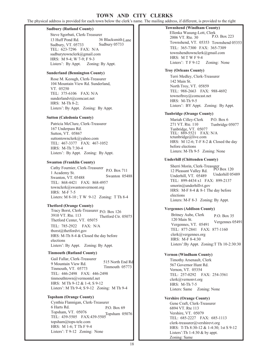 Guide to Vermonts Town Clerks, Treasurers  County Clerks - Vermont, Page 18