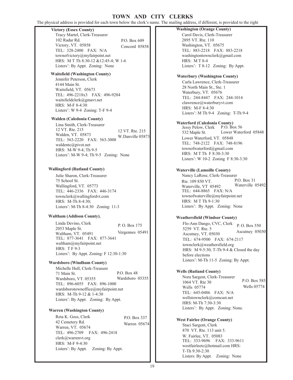 Guide to Vermonts Town Clerks, Treasurers  County Clerks - Vermont, Page 19