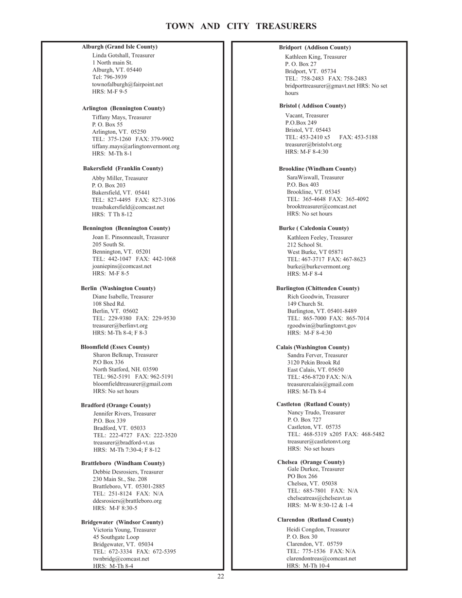 Guide to Vermonts Town Clerks, Treasurers  County Clerks - Vermont, Page 22