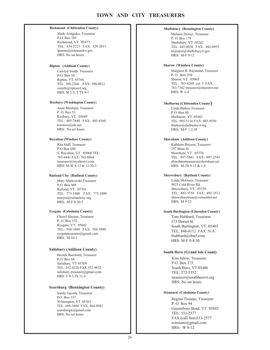 Guide to Vermonts Town Clerks, Treasurers  County Clerks - Vermont, Page 26