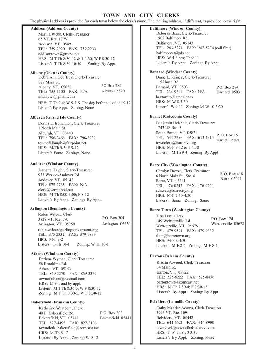 Guide to Vermonts Town Clerks, Treasurers  County Clerks - Vermont, Page 4