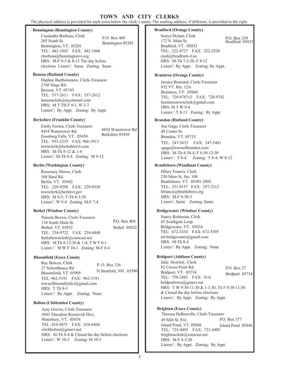 Guide to Vermonts Town Clerks, Treasurers  County Clerks - Vermont, Page 5