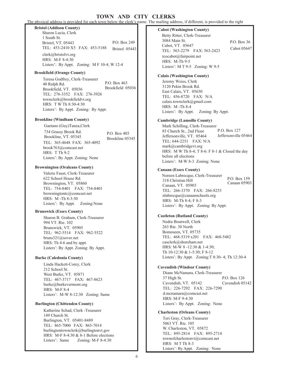 Guide to Vermonts Town Clerks, Treasurers  County Clerks - Vermont, Page 6
