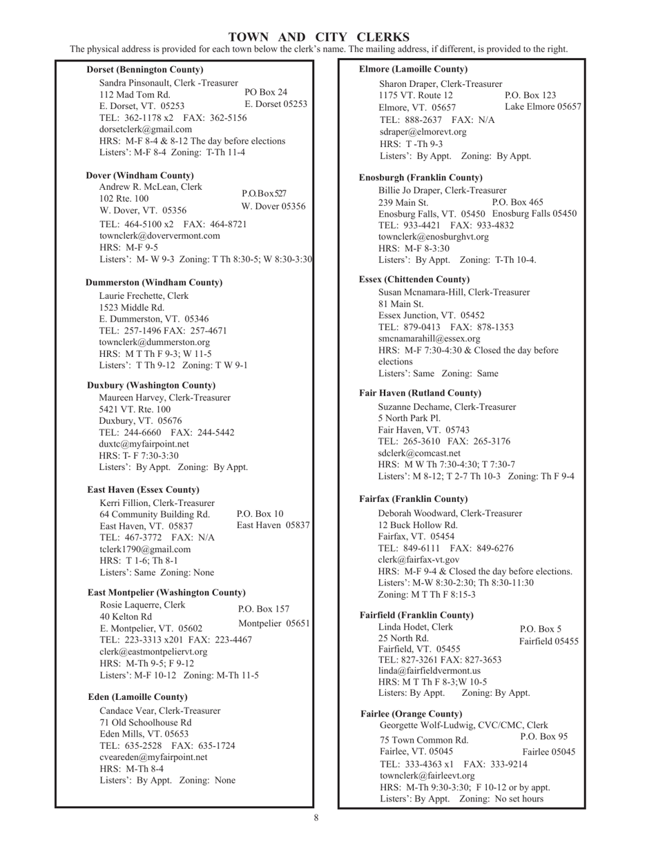 Guide to Vermonts Town Clerks, Treasurers  County Clerks - Vermont, Page 8