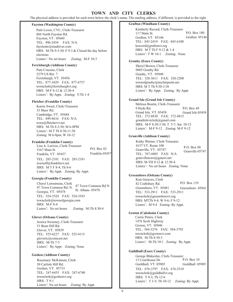 Guide to Vermonts Town Clerks, Treasurers  County Clerks - Vermont, Page 9