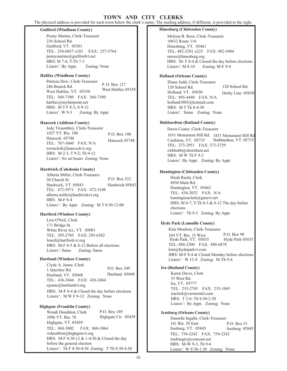 Vermont Guide to Vermont's Town Clerks, Treasurers & County Clerks