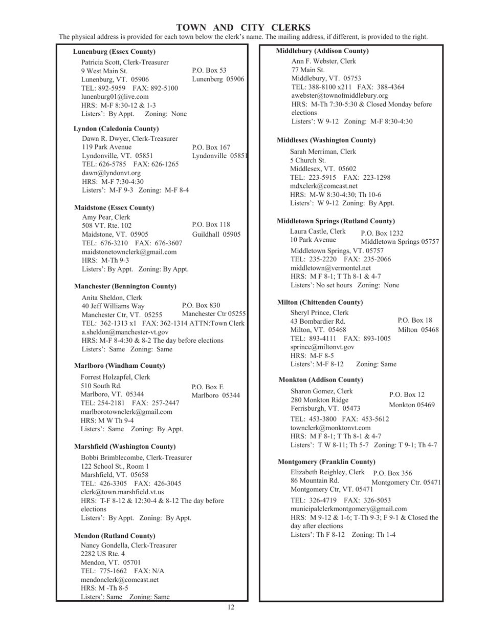 Guide to Vermonts Town Clerks, Treasurers  County Clerks - Vermont, Page 12