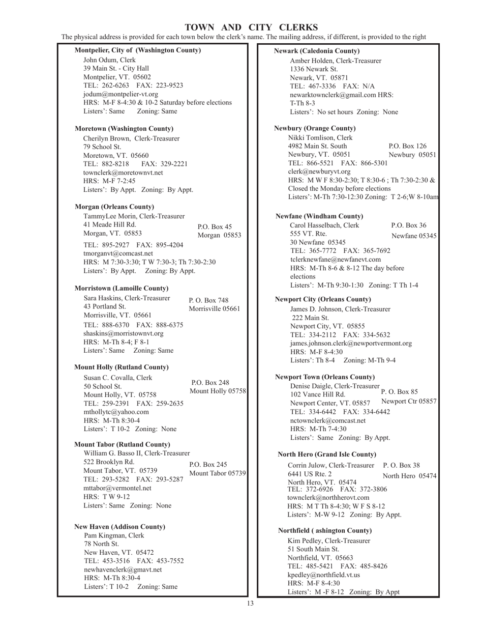 Guide to Vermonts Town Clerks, Treasurers  County Clerks - Vermont, Page 13