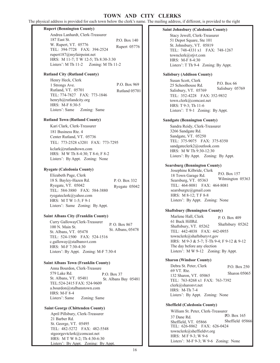 Guide to Vermonts Town Clerks, Treasurers  County Clerks - Vermont, Page 16
