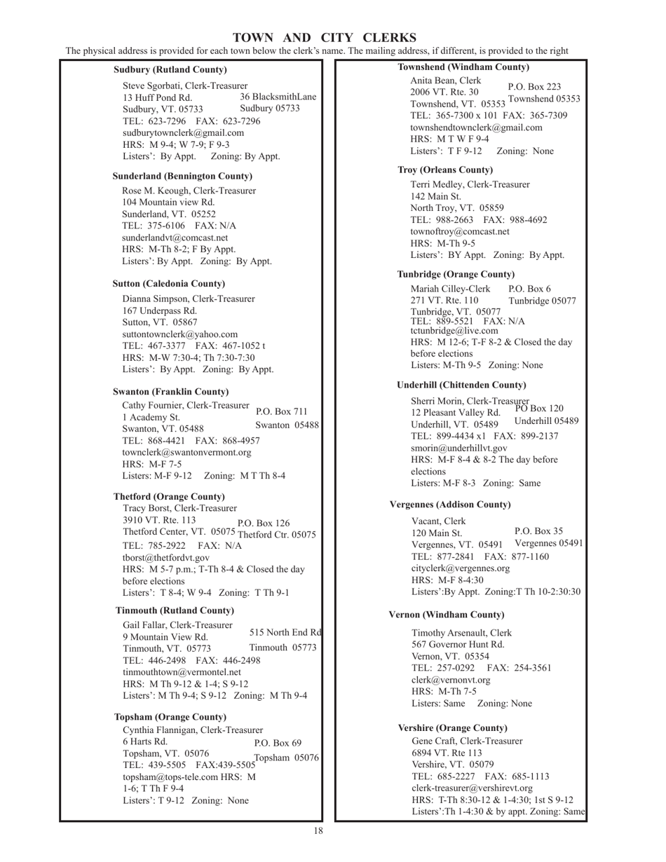 Guide to Vermonts Town Clerks, Treasurers  County Clerks - Vermont, Page 18