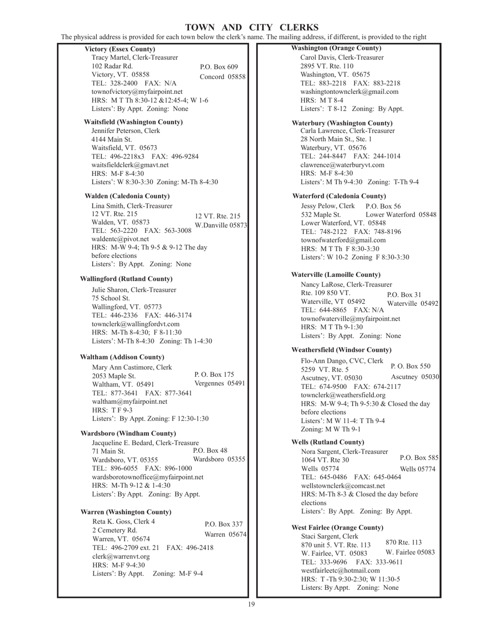 Guide to Vermonts Town Clerks, Treasurers  County Clerks - Vermont, Page 19