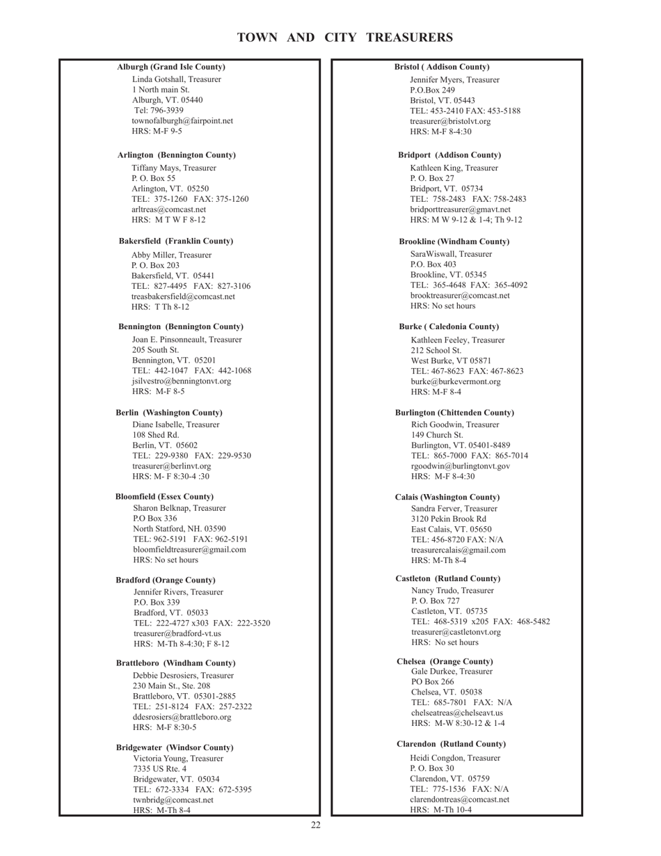 Guide to Vermonts Town Clerks, Treasurers  County Clerks - Vermont, Page 22